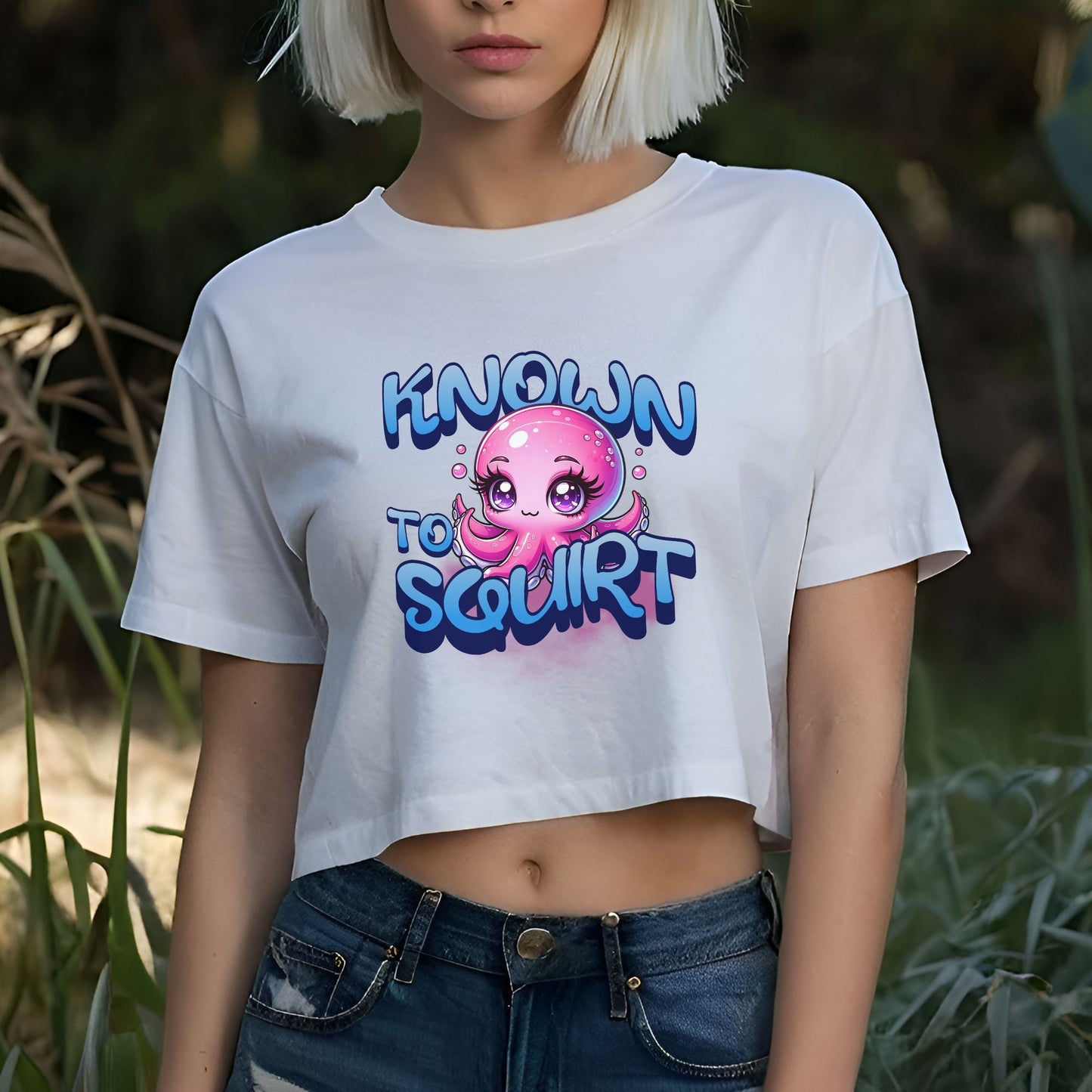 a woman with white hair wearing a white shirt with an octopus on it