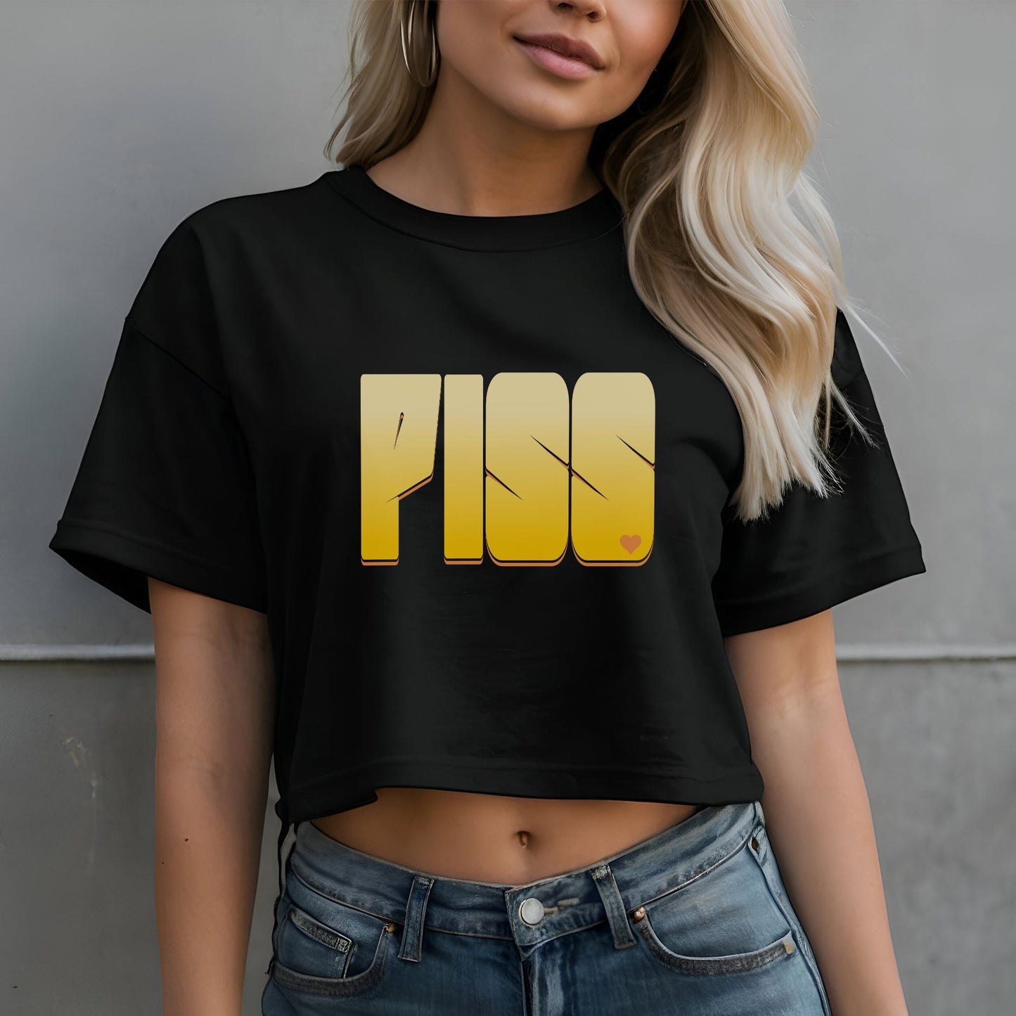a woman with blonde hair wearing a black crop top