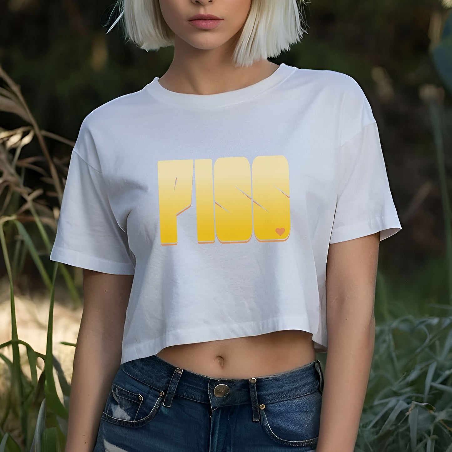 a woman with blonde hair wearing a white crop top