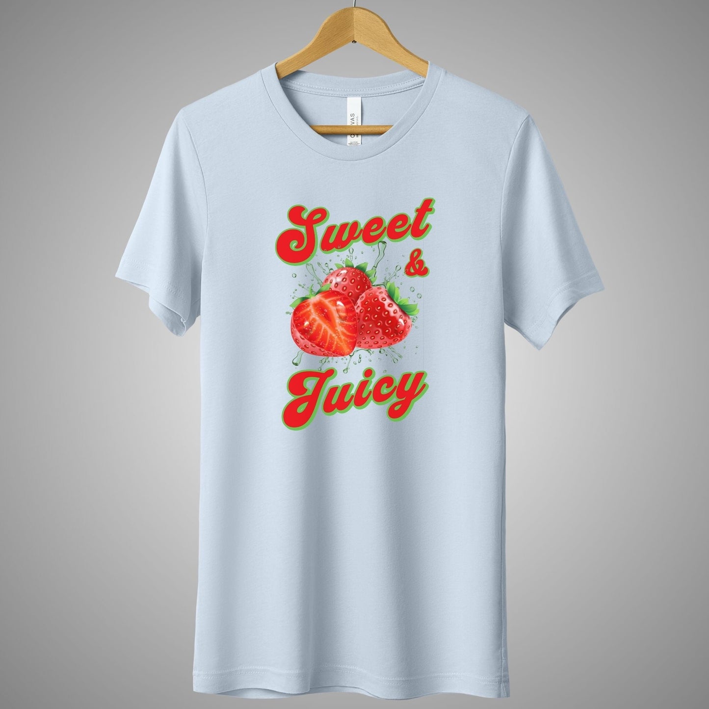 a white t - shirt with a strawberry and the words sweet and juicy on it
