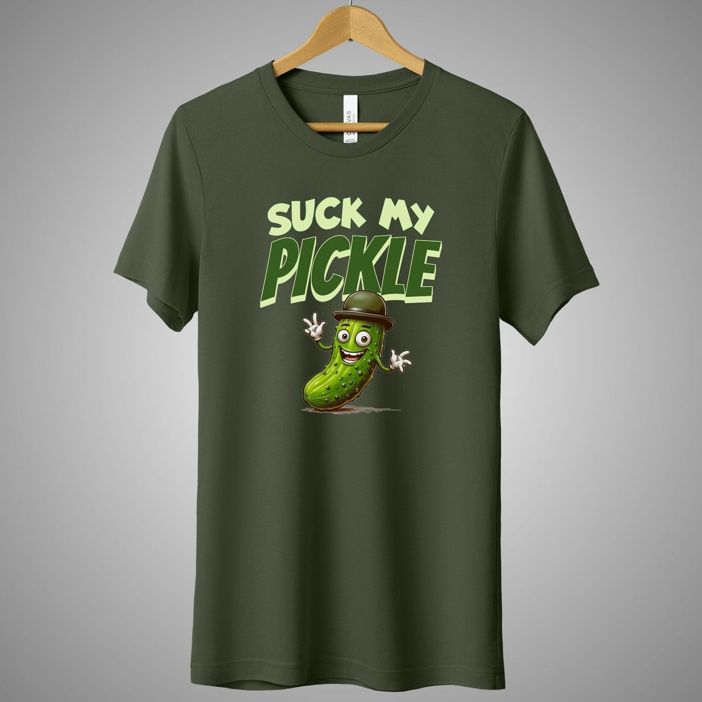 a t - shirt that says suck my pickle on it