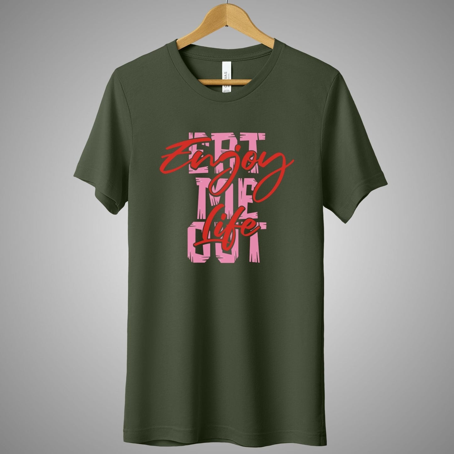 a green t - shirt with red lettering on it