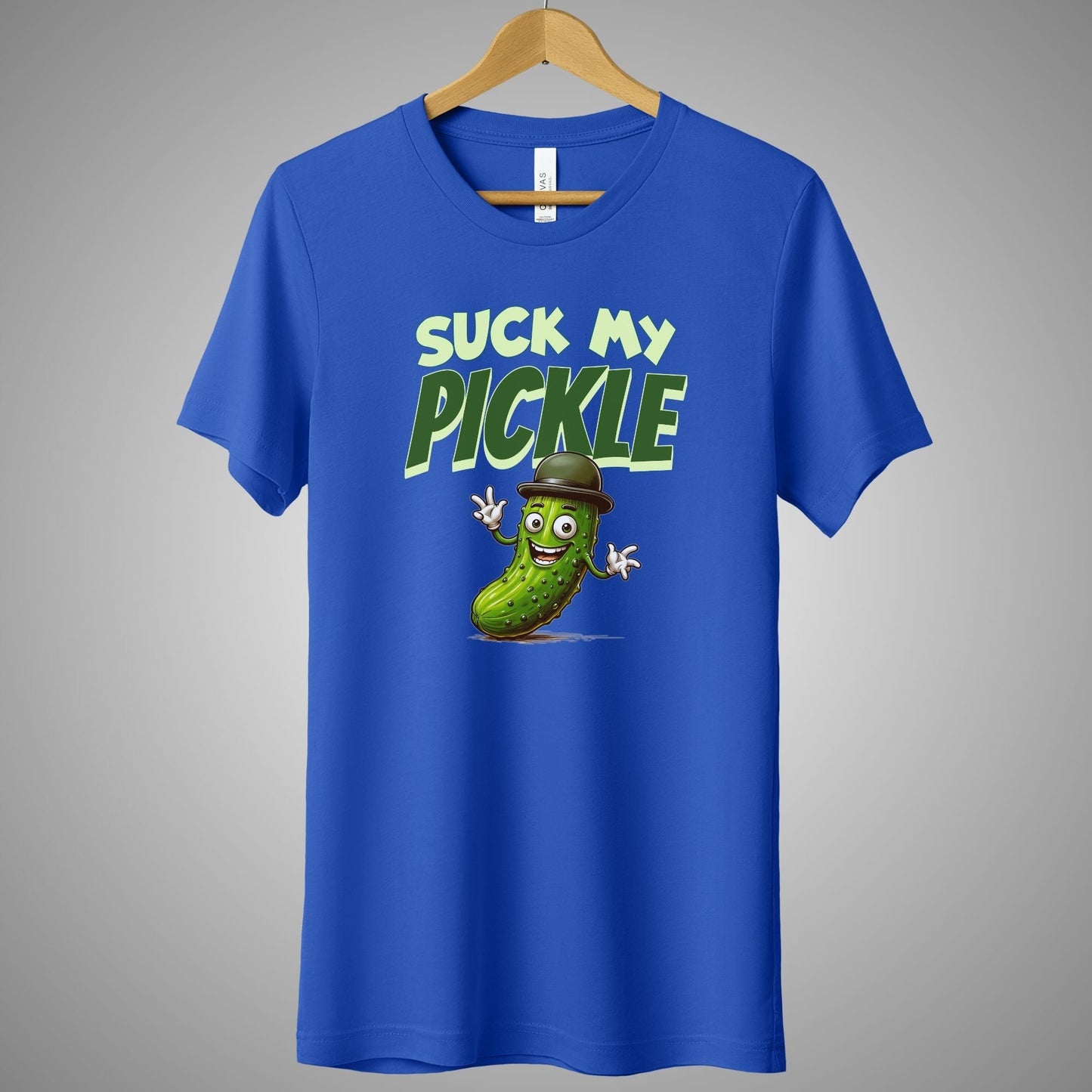 a t - shirt that says suck my pickle on it