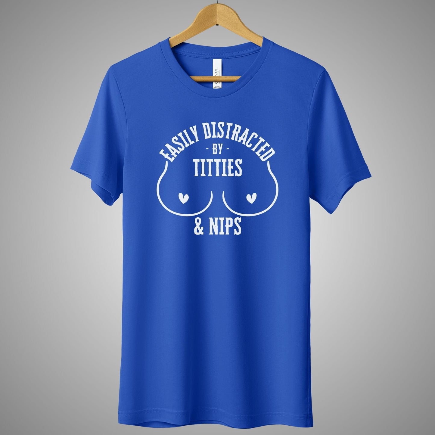 a blue t - shirt that says nasty distracted by tittles and nips