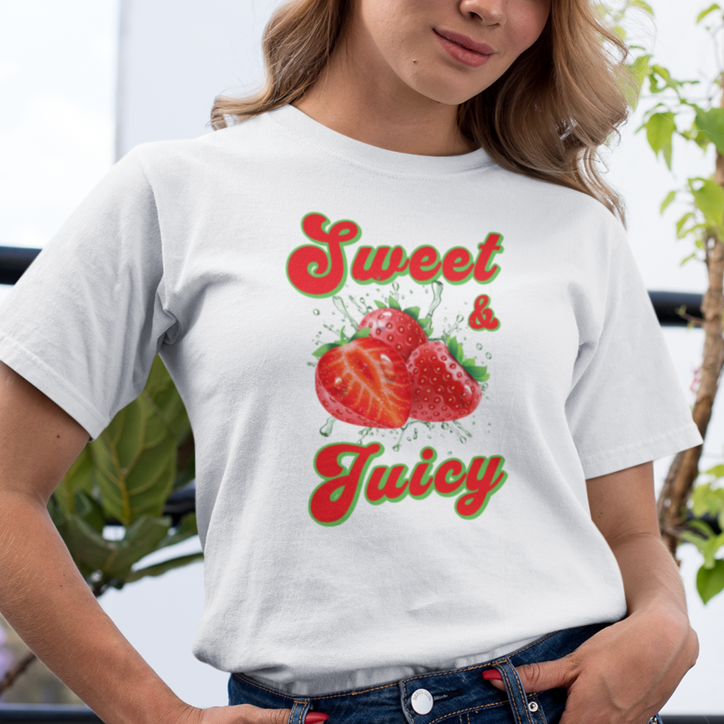 a woman wearing a t - shirt that says sweet and juicy