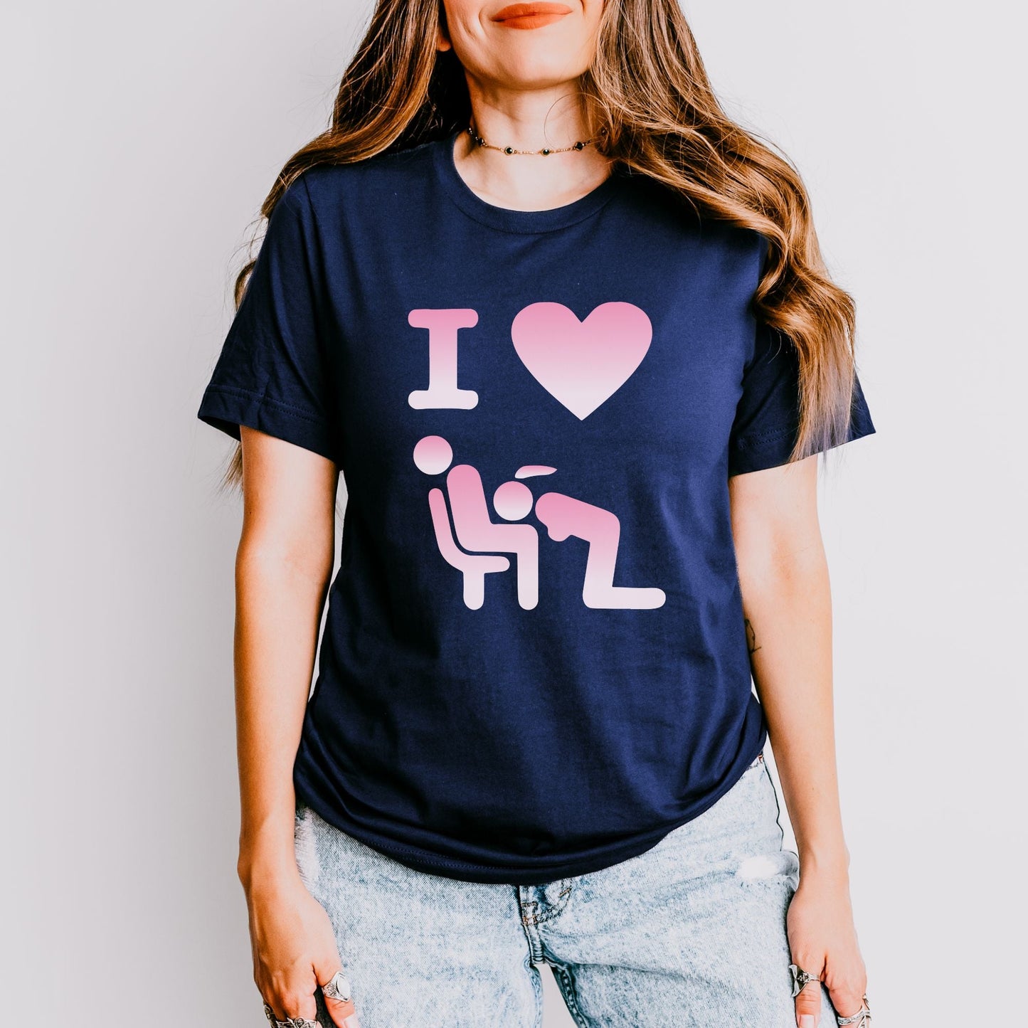 a woman wearing a t - shirt that says i love you