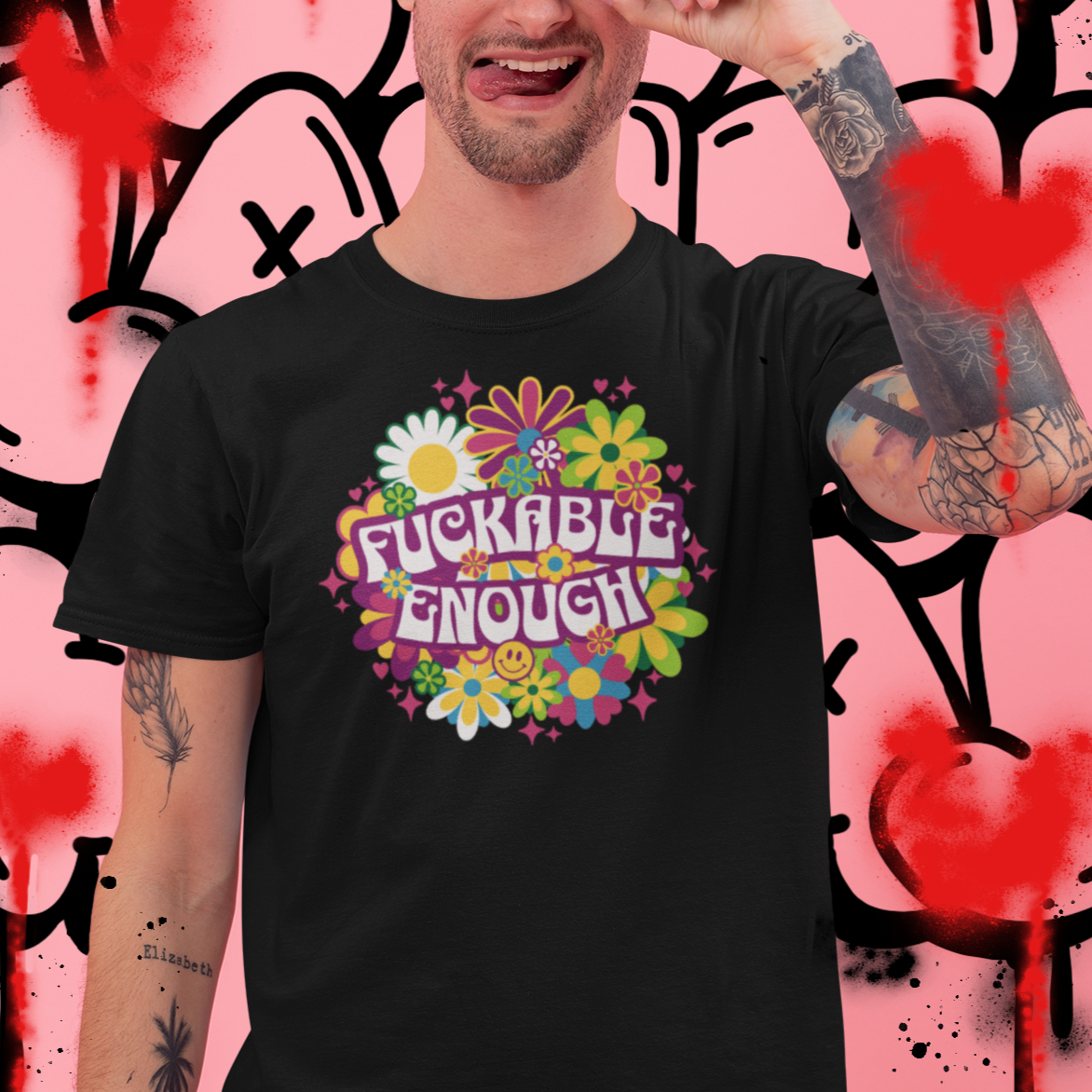 a man wearing a black t - shirt with the words flukkable enough on