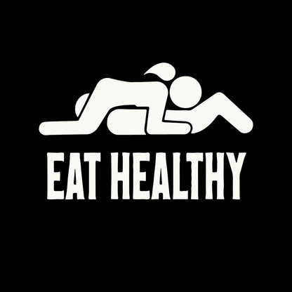 a black and white logo with the words eat healthy