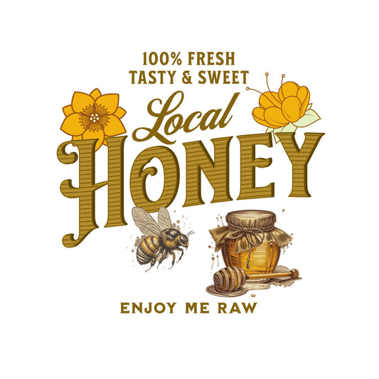 a honey label with bees and flowers