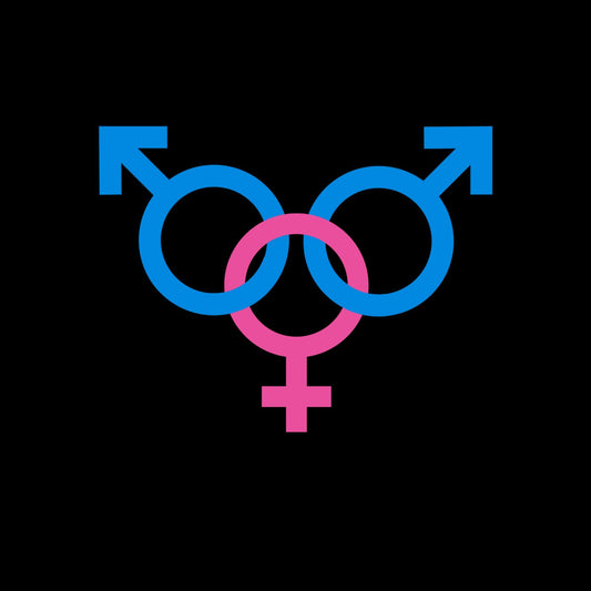 a couple of blue and pink symbols on a black background