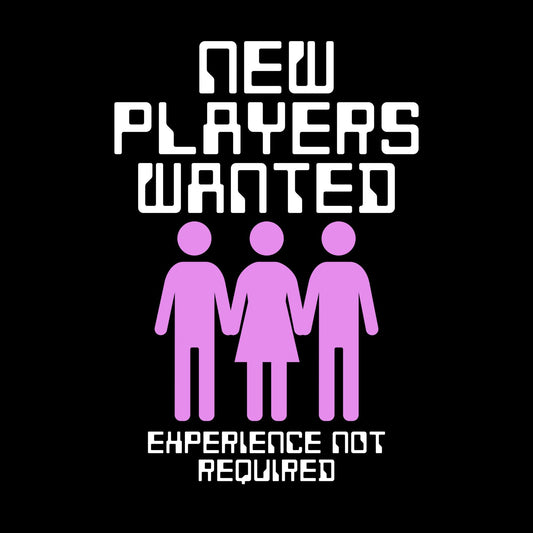 a black background with a pink and white text that reads new players wanted