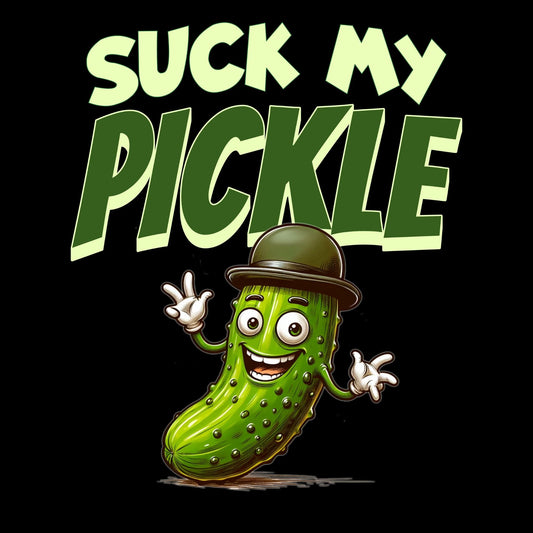 a pickle wearing a hat with the words suck my pickle on it