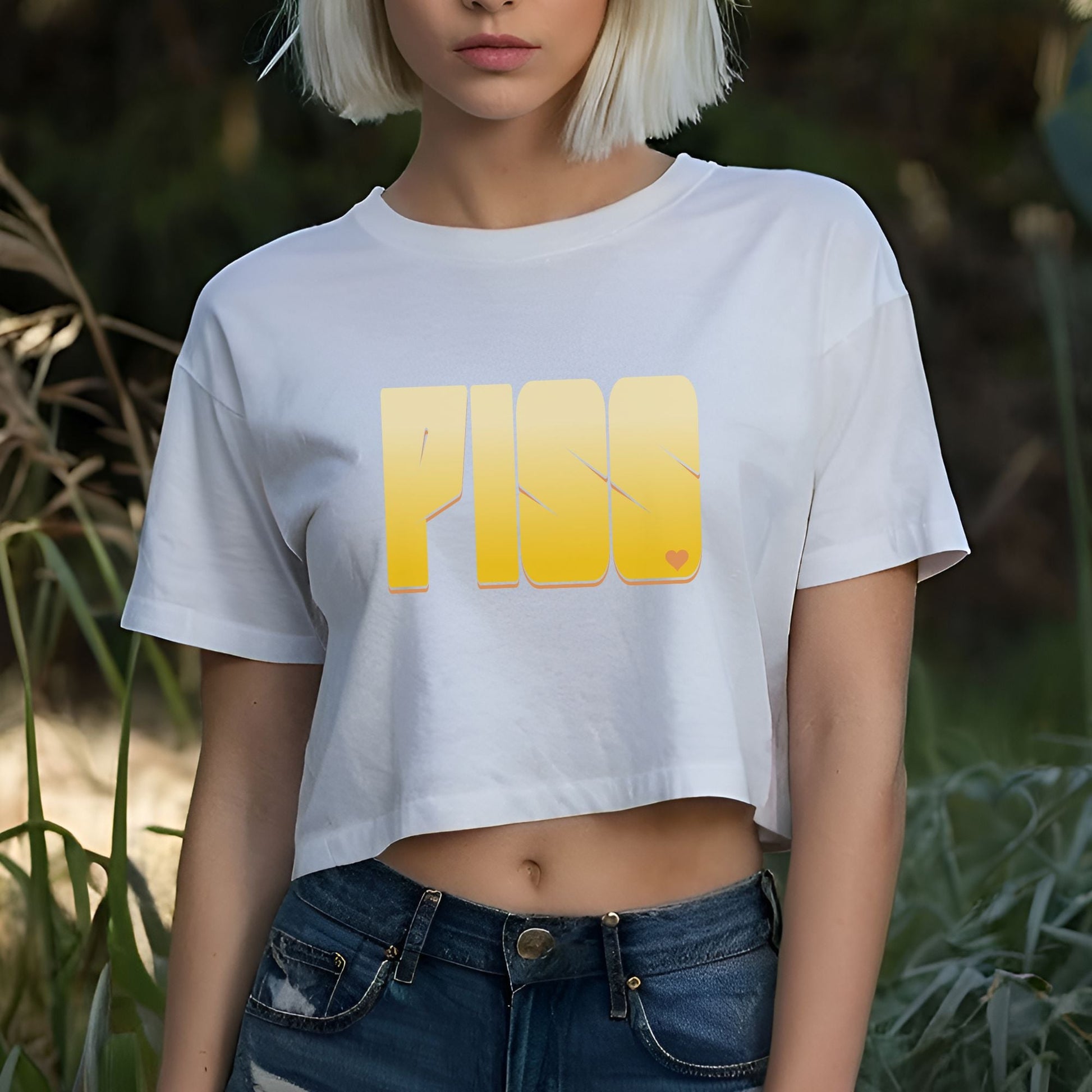 a woman with blonde hair wearing a white crop top