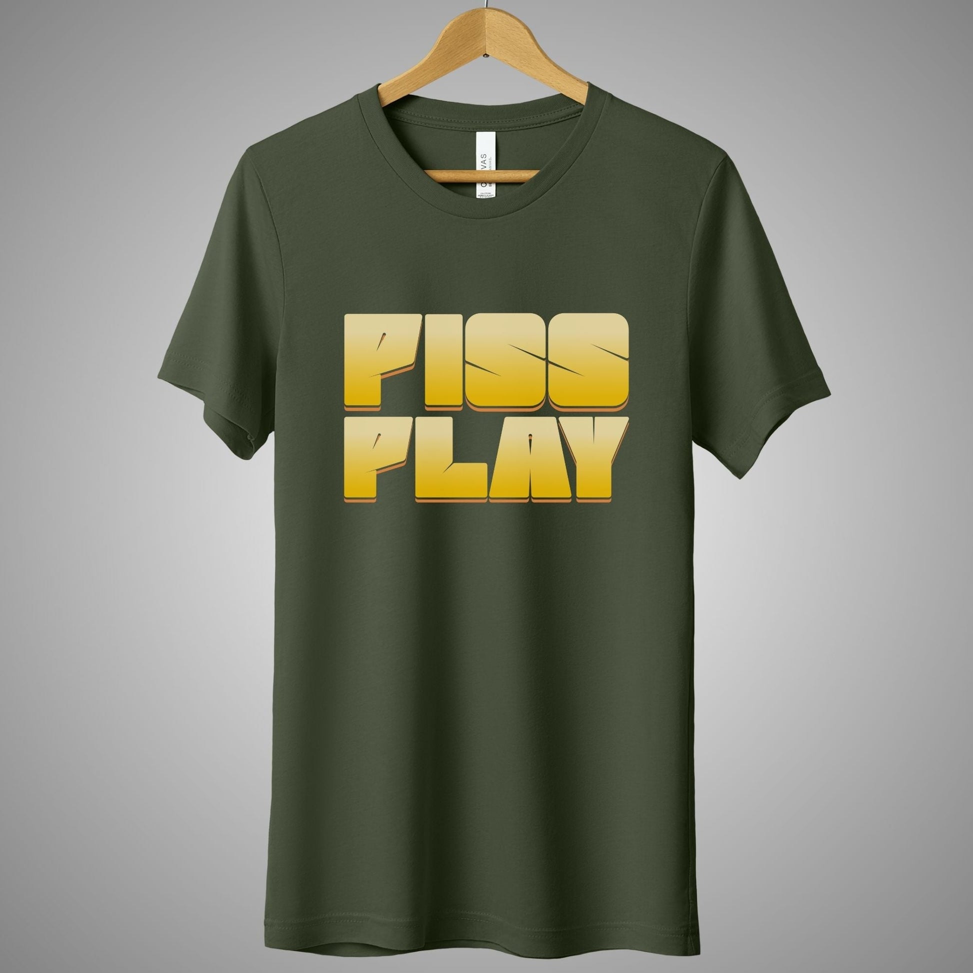 a green t - shirt with the word piss play printed on it