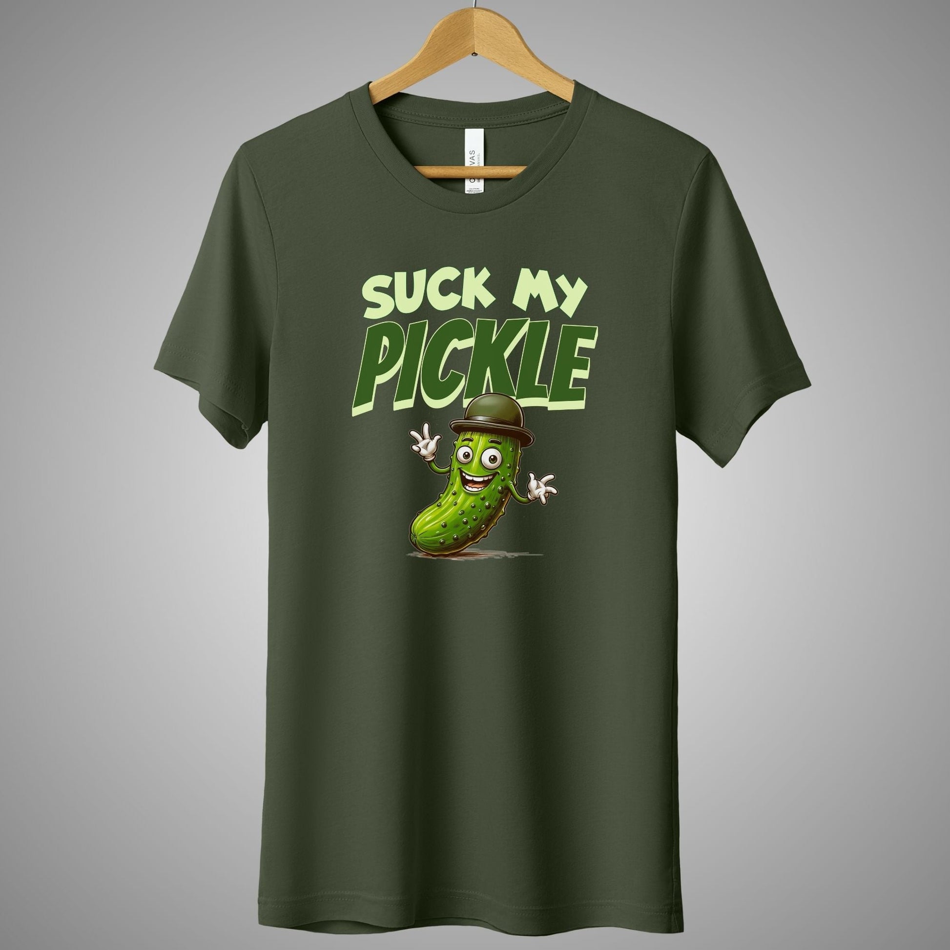 a t - shirt that says suck my pickle on it