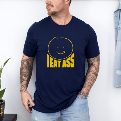 a man wearing a t - shirt that says eat ass