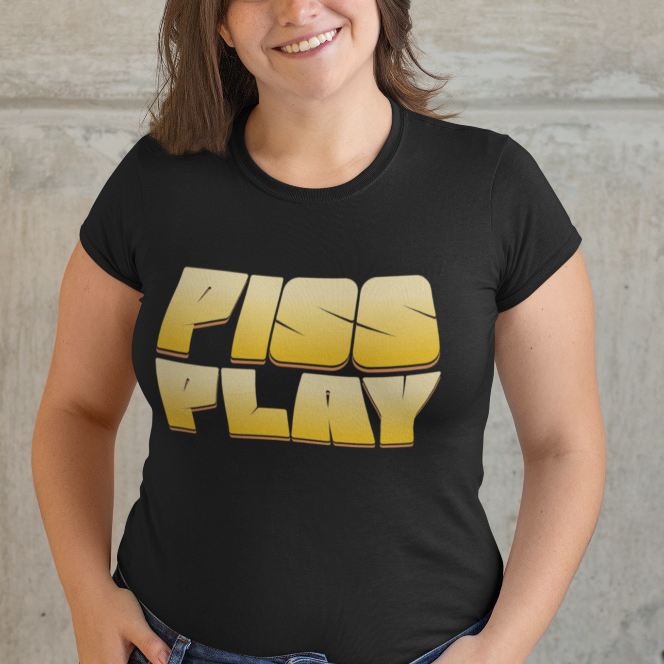 a woman wearing a black shirt that says piss play