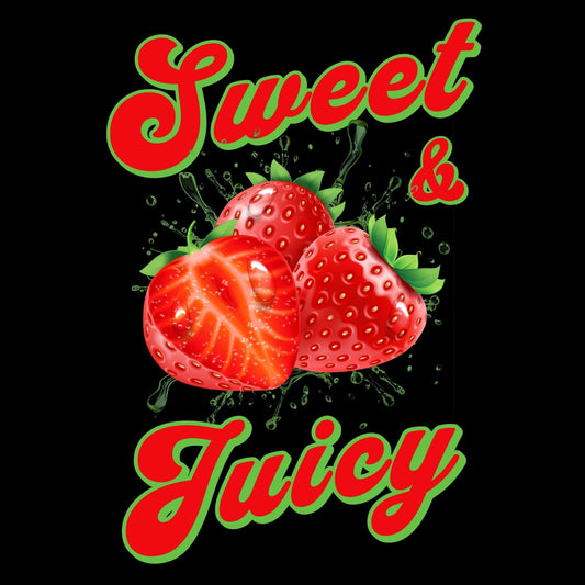 two strawberries with the words sweet and juicy